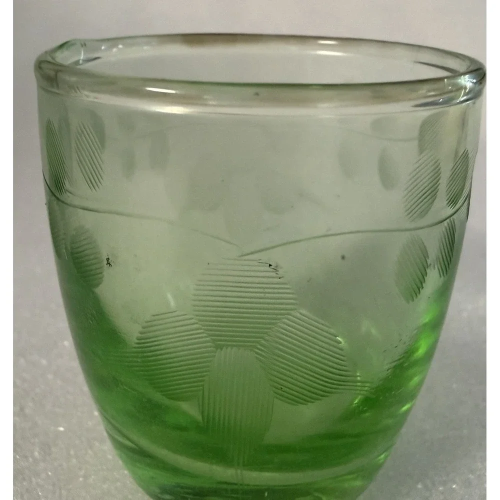 Uranium Glass Cordial Shot Glass Etched Floral UV Glow 2.75
